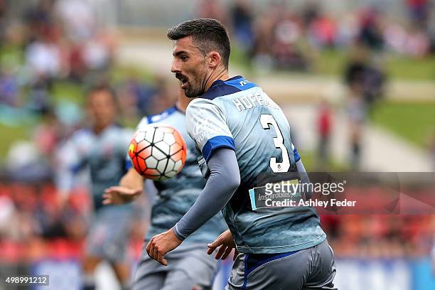 Jason Hoffman of the Jets controls the ball during the round eight A-League match between the Newcastle Jets and Brisbane Roar at Hunter Stadium on...