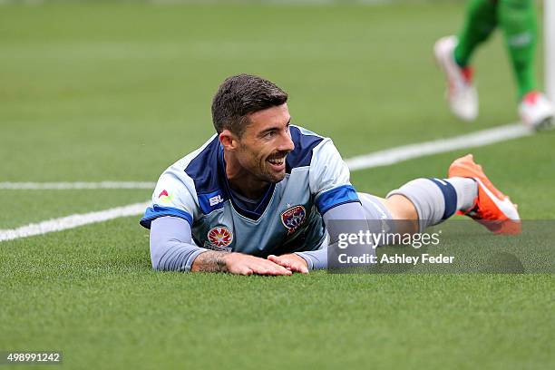 Jason Hoffman of the Jets lays on the ground after missing at goal during the round eight A-League match between the Newcastle Jets and Brisbane Roar...