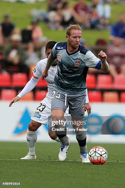 David Carney of the Jets controls the ball during the round eight A-League match between the Newcastle Jets and Brisbane Roar at Hunter Stadium on...