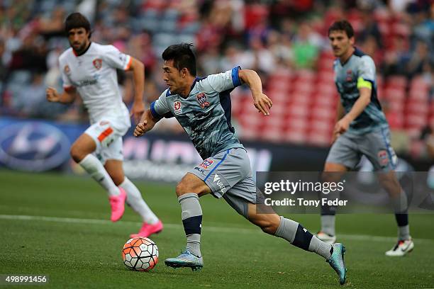 Kjie Lee of the Jets controls the ball during the round eight A-League match between the Newcastle Jets and Brisbane Roar at Hunter Stadium on...