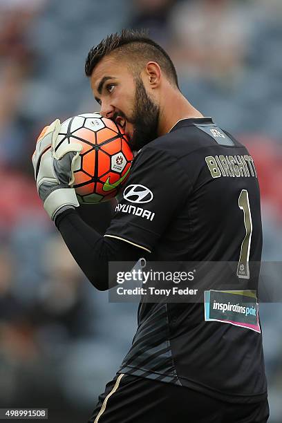 Mark Birighitti of the Jets during the round eight A-League match between the Newcastle Jets and Brisbane Roar at Hunter Stadium on November 28, 2015...