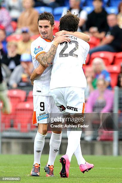 Roar team mates celebrate a goal from Jamie Maclaren during the round eight A-League match between the Newcastle Jets and Brisbane Roar at Hunter...