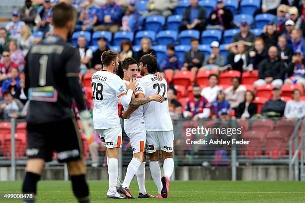 Roar team mates celebrate a goal from Jamie Maclaren during the round eight A-League match between the Newcastle Jets and Brisbane Roar at Hunter...