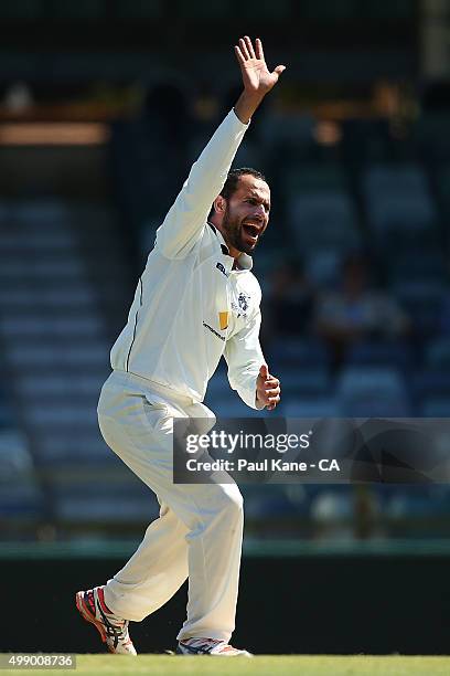 Fawad Ahmed of Victoria appeals successfully for the wicket of David Moody of Western Australia during day two of the Sheffield Shield match between...