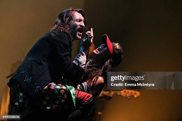 Eugene Hutz of Gogol Bordello performs live at The Wiltern on November 27, 2015 in Los Angeles, California.