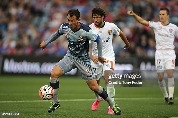 Benjamin Kantarovski of the Jets controls the ball during the round eight A-League match between the Newcastle Jets and Brisbane Roar at Hunter...