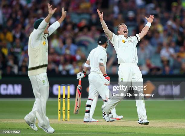 Peter Siddle of Australia appeals for an lbw decision against Brendon McCullum of New Zealand during day two of the Third Test match between...