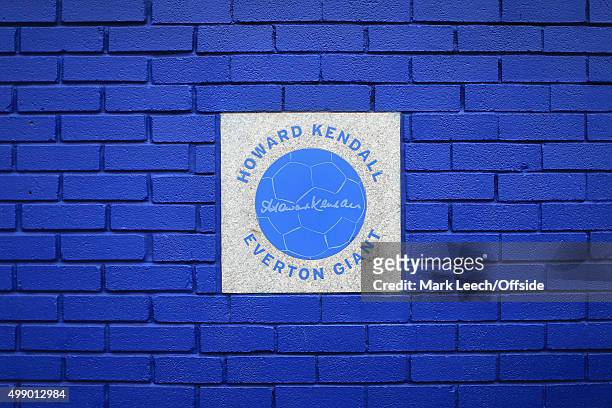 Plaque on a brick wall outside the stadium bearing the name and signature of former Everton manager Howard Kendall is seen on the morning his death...