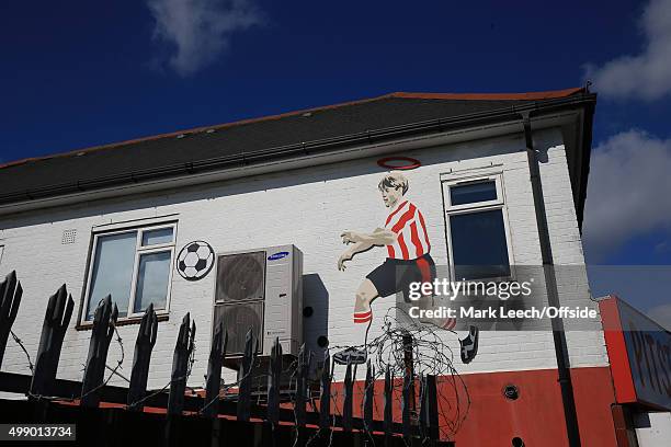 Mural of a Southampton player on the the wall of a local café during the Barclays Premier League match between Southampton and Manchester United at...