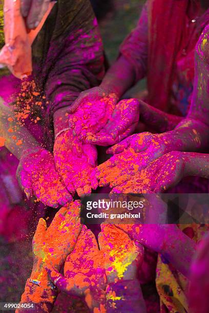 indian people celebrating holi festival - holi hands stock pictures, royalty-free photos & images