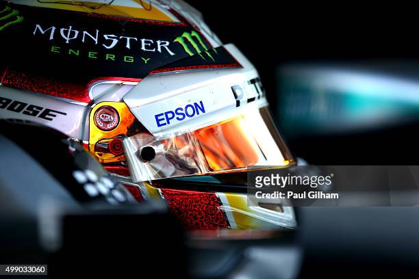 Lewis Hamilton of Great Britain and Mercedes GP sits in his car in the garage during final practice for the Abu Dhabi Formula One Grand Prix at Yas...