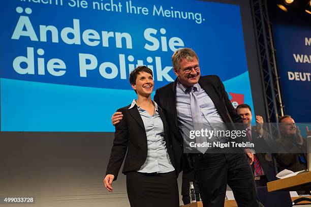 Co-leader Joerg Meuthen and chairwoman Frauke Petry stand together during AfD federal party congress on November 28, 2015 in Hanover, Germany. The...