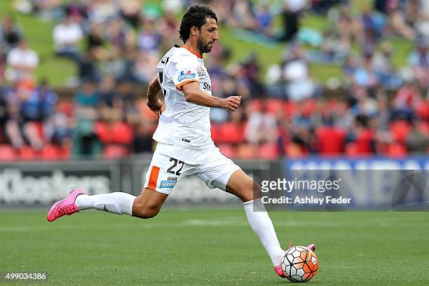 Thomas Broich of the Roar in action during the round eight A-League match between the Newcastle Jets and Brisbane Roar at Hunter Stadium on November...