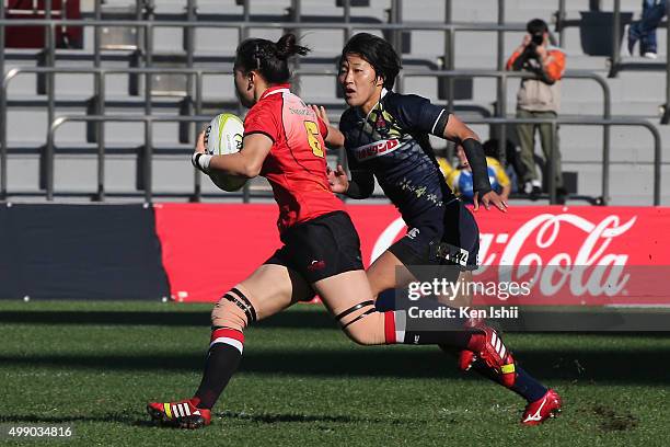 Chiharu Nakamura of Japan in action during the World Sevens Asia Olympic Qualification match between Japan and China at Prince Chichibu Stadium on...