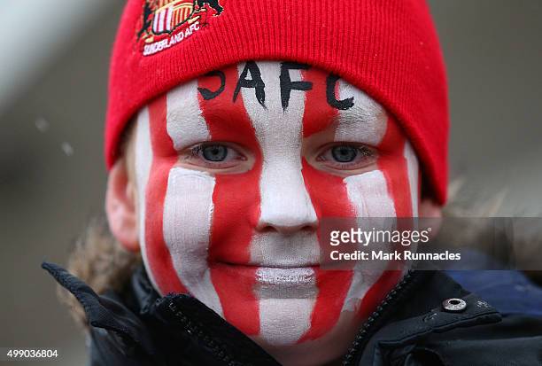 Young Sunderland fan with a painted face ahead of the Barclays Premier League match between Sunderland AFC and Stoke City FC at the Stadium of Light...