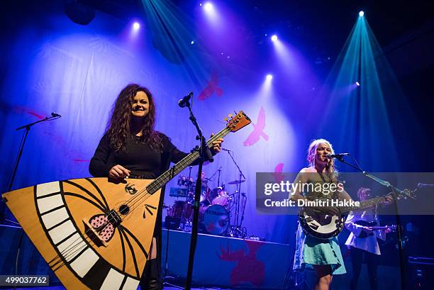 Marianne Sveen and Solveig Heilo of Katzenjammer perform on stage at Paard on November 21, 2015 in The Hague, Netherlands.