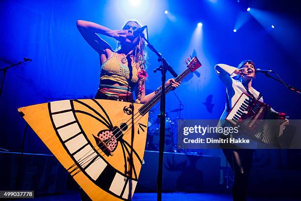 Solveig Heilo and Anne Marit Bergheim of Katzenjammer perform on stage at Paard on November 21, 2015 in The Hague, Netherlands.