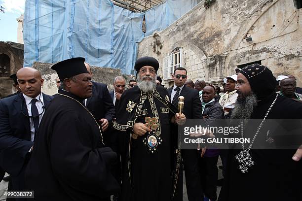 Egyptian Coptic Pope Tawadros II arrives to the funeral of Archbishop Anba Abraham, the head of the Coptic Church in the Holy Land, on November 28,...