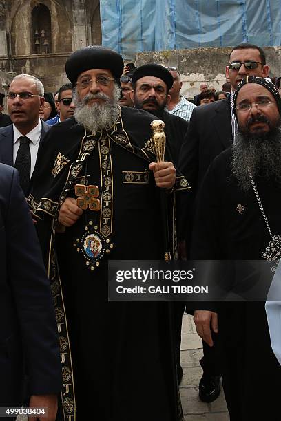 Egyptian Coptic Pope Tawadros II arrives to the funeral of Archbishop Anba Abraham, the head of the Coptic Church in the Holy Land, on November 28,...