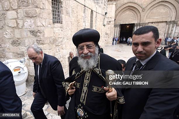 Egyptian Coptic Pope Tawadros II is seen in front of the Church of the Holy Sepulchre after the funeral of Archbishop Anba Abraham, the head of the...