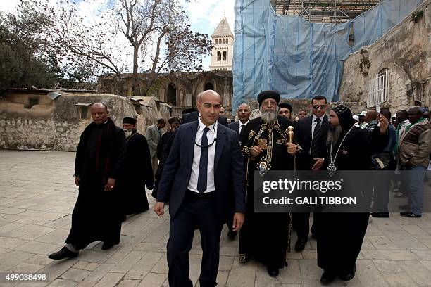 Egyptian Coptic Pope Tawadros II arrives to the funeral of Archbishop Anba Abraham, the head of the Coptic Church in the Holy Land on November 28,...