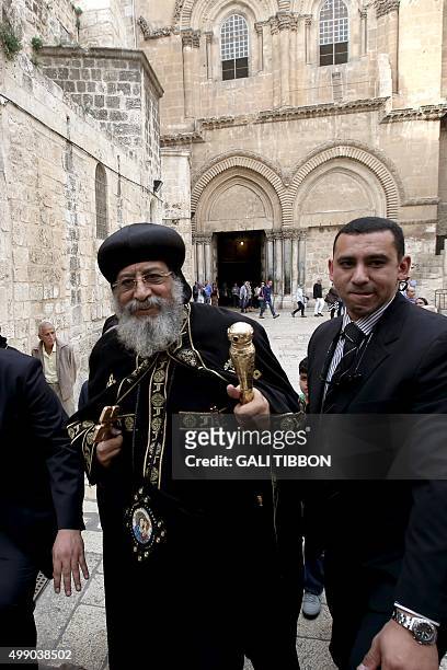 Egyptian Coptic Pope Tawadros II is seen in front of the Church of the Holy Sepulchre after the funeral of Archbishop Anba Abraham, the head of the...