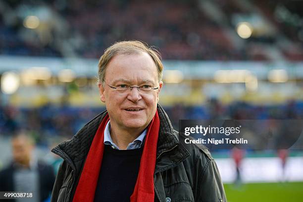 Stephan Weil, prime Minister of Lower Saxony, is pictured prior to the Bundesliga match between Hannover 96 and FC Ingolstadt at HDI Arena on...