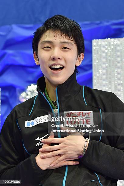 Yuzuru Hanyu of Japan smiles during the day two of the NHK Trophy ISU Grand Prix of Figure Skating 2015 at the Big Hat on November 28, 2015 in...