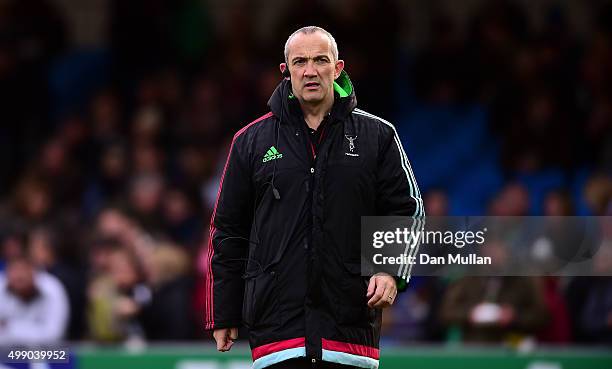 Conor O'Shea, Harlequins' Director of Rugby looks on prior to the Aviva Premiership match between Exeter Chiefs and Harlequins at Sandy Park on...