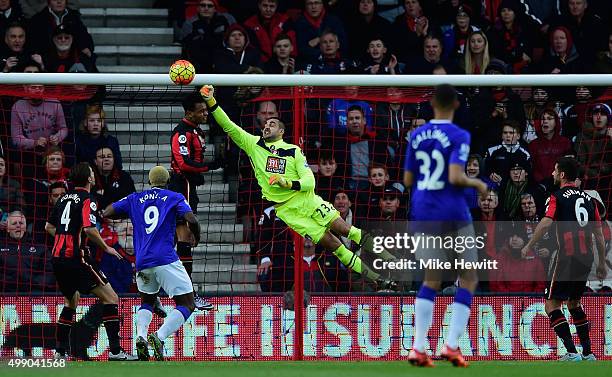 Adam Federici of Bournemouth makes a save during the Barclays Premier League match between A.F.C. Bournemouth and Everton at Vitality Stadium on...