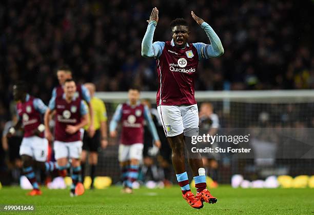 Micah Richards of Aston Villa celebrates scoring his team's first goal during the Barclays Premier League match between Aston Villa and Watford at...