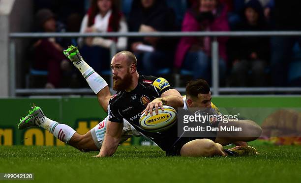 James Short of Exeter Chiefs dives over for his side's first try during the Aviva Premiership match between Exeter Chiefs and Harlequins at Sandy...