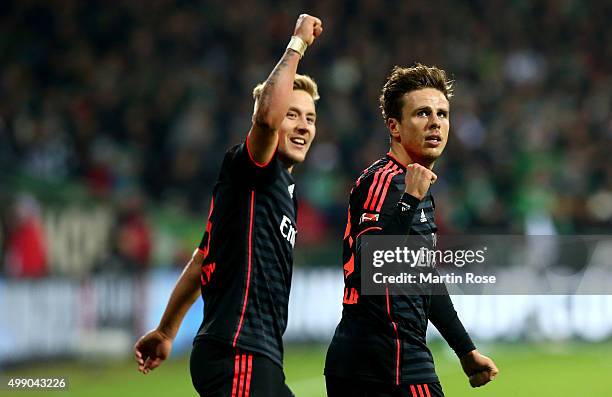 Nicolai Mueller of Hamburg celebrates after he scores the 3rd goal during the Bundesliga match between SV Werder Bremen and Hamburger SV at...