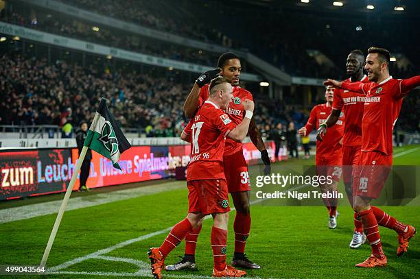 Uffe Bech of Hannover celebrates scoring his goal during the Bundesliga match between Hannover 96 and FC Ingolstadt at HDI Arena on November 28, 2015...