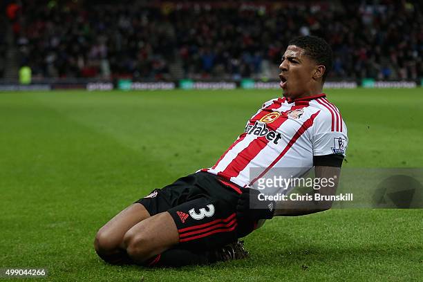 Patrick van Aanholt of Sunderland scores his team's first goal during the Barclays Premier League match between Sunderland and Stoke City at Stadium...