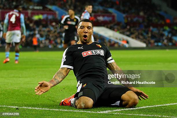 Troy Deeney of Watford celebrates scoring his team's third goal during the Barclays Premier League match between Aston Villa and Watford at Villa...