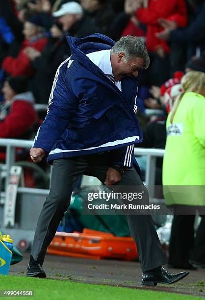 Sam Allardyce, manager of Sunderland celebrates his team's second goal during the Barclays Premier League match between Sunderland and Stoke City at...