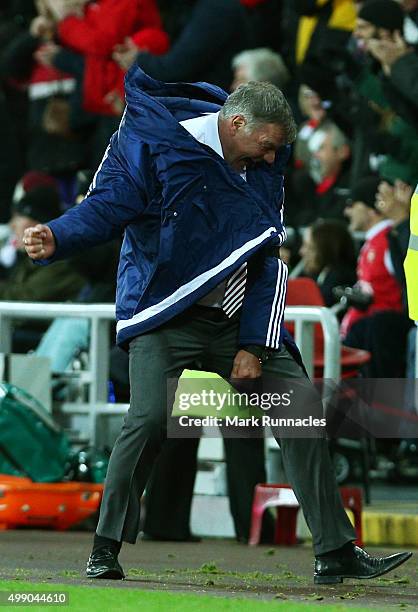 Sam Allardyce, manager of Sunderland celebrates his team's second goal during the Barclays Premier League match between Sunderland and Stoke City at...