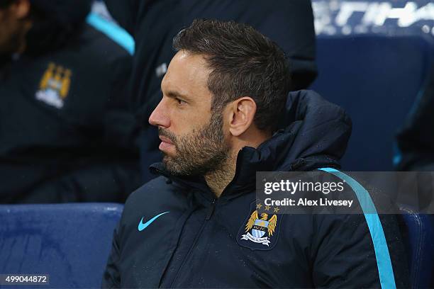 Richard Wright of Manchester City is seen on the bench prior to the Barclays Premier League match between Manchester City and Southampton at the...