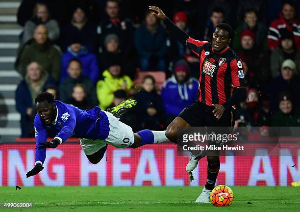 Sylvain Distin of Bournemouth and Romelu Lukaku of Everton compete for the ball during the Barclays Premier League match between A.F.C. Bournemouth...