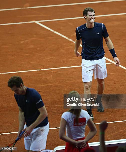 Jamie Murray of Great Britain in good spirits after his four set victory with his brotherAndy Murray in their doubles match against Steve Darcis and...