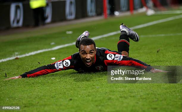 Junior Stanislas of Bournemouth celebrates scoring his team's second goal during the Barclays Premier League match between A.F.C. Bournemouth and...