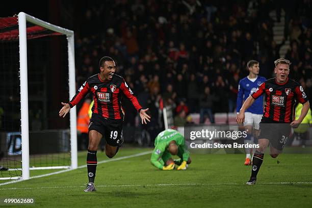 Junior Stanislas of Bournemouth celebrates scoring his team's second goal during the Barclays Premier League match between A.F.C. Bournemouth and...