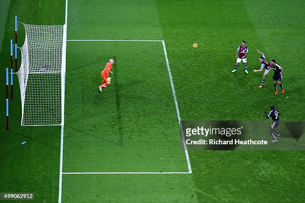 Troy Deeney of Watford scores their third goal during the Barclays Premier League match between Aston Villa and Watford at Villa Park on November 28,...