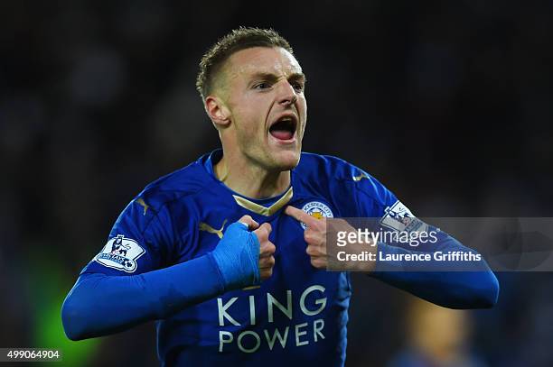 Jamie Vardy of Leicester City celebrates scoring his team's first goal during the Barclays Premier League match between Leicester City and Manchester...