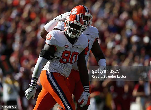Shaq Lawson of the Clemson Tigers reacts after a tackle during their game against the South Carolina Gamecocks at Williams-Brice Stadium on November...
