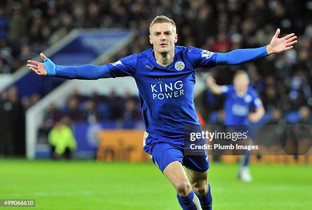 Jamie Vardy of Leicester City celebrates after scoring to make it 1-0 and beat Ruud Van Nistelrooy's record during the Barclays Premier League match...