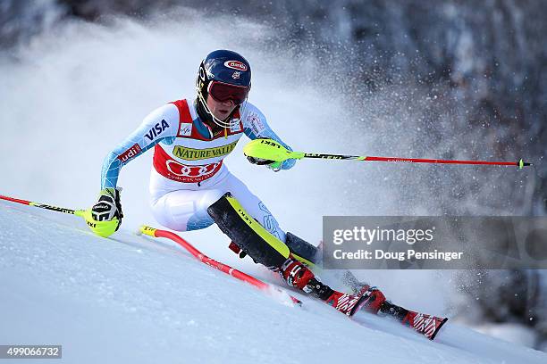 Mikaela Shiffrin of the United States competes in the first run of the slalom during the Audi FIS Women's Alpine Ski World Cup at the Nature Valley...