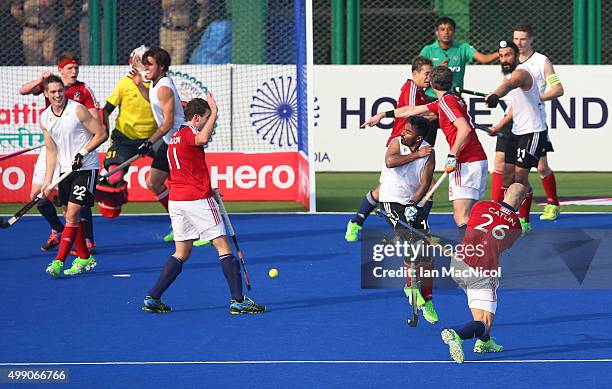 Nick Catlin of Great Britain scores during the match between Great Britain and Canada on day two of The Hero Hockey League World Final at the Sardar...