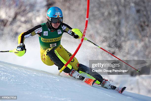 Erin Mielzynski of Canada competes in the first run of the slalom during the Audi FIS Women's Alpine Ski World Cup at the Nature Valley Aspen...